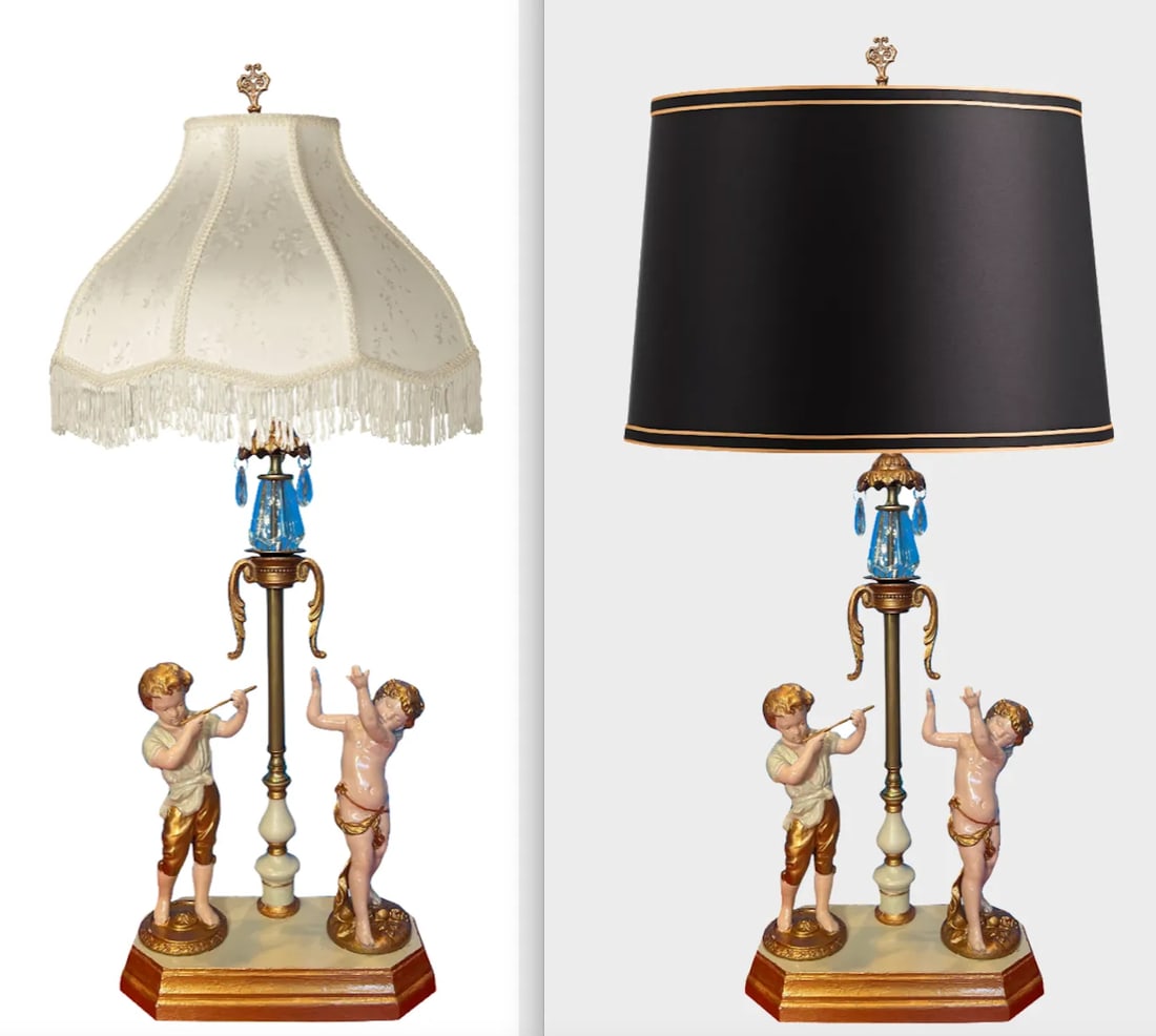 Antique Spelter Table Lamp Boy Playing Flute and Cherub - 10