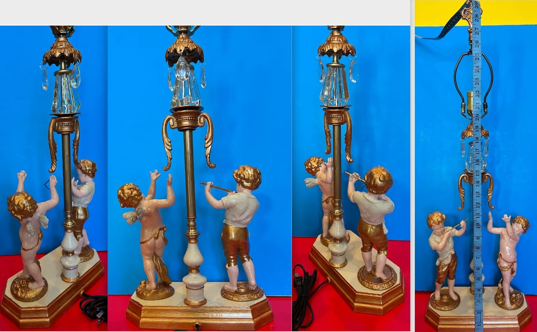 Antique Spelter Table Lamp Boy Playing Flute and Cherub - 11