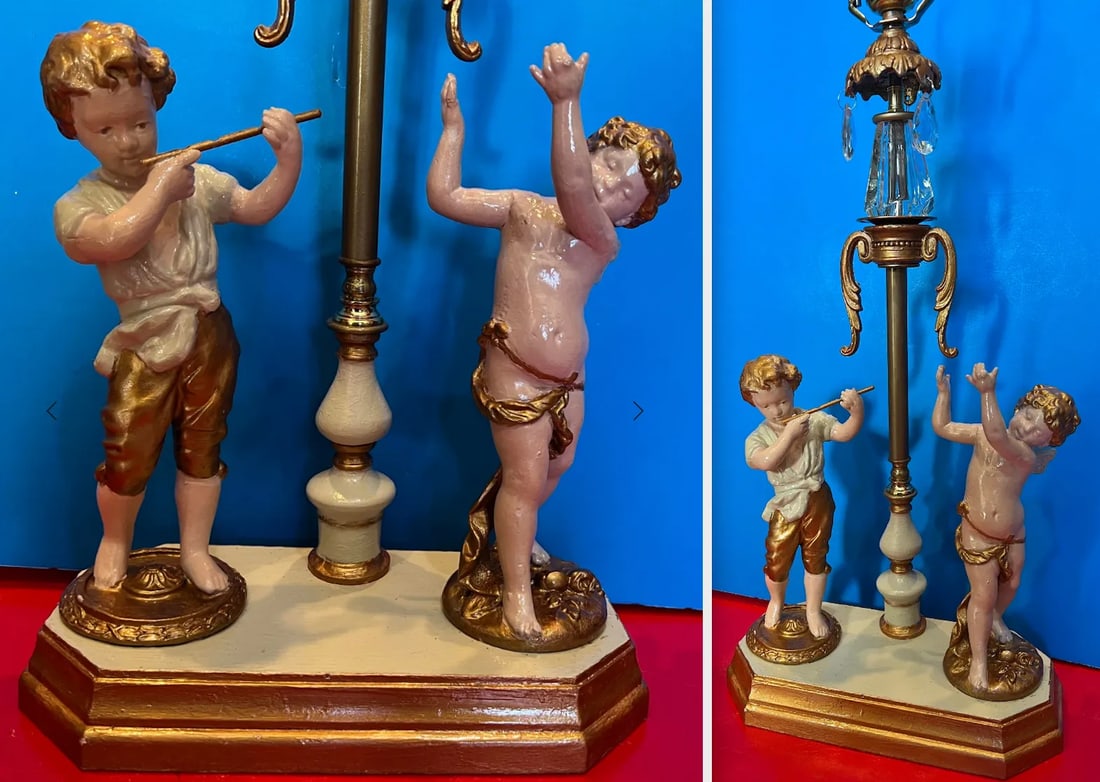 Antique Spelter Table Lamp Boy Playing Flute and Cherub - 12