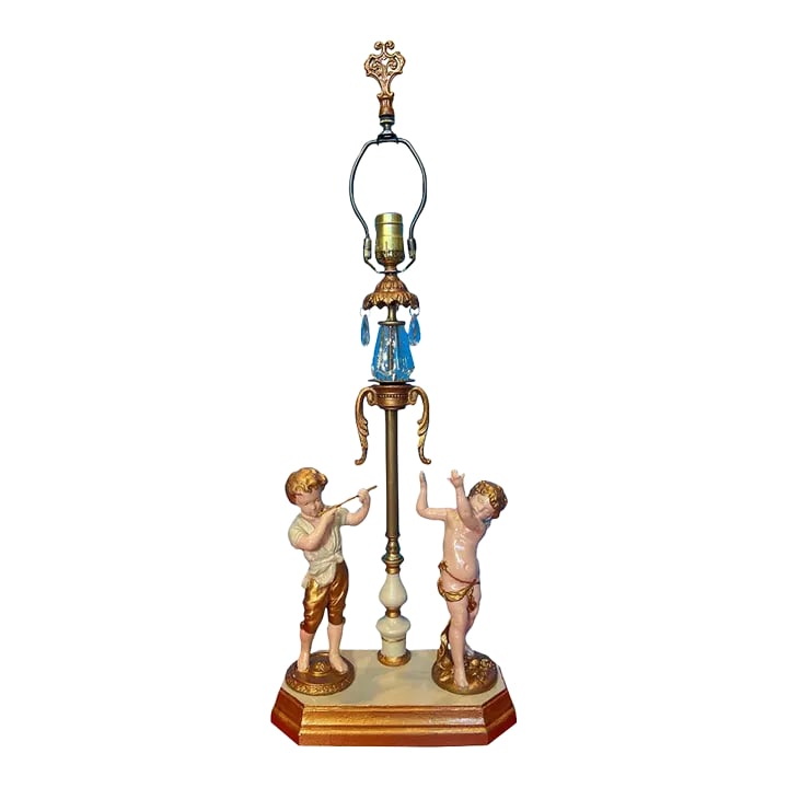 Antique Spelter Table Lamp Boy Playing Flute and Cherub (1 of 12)