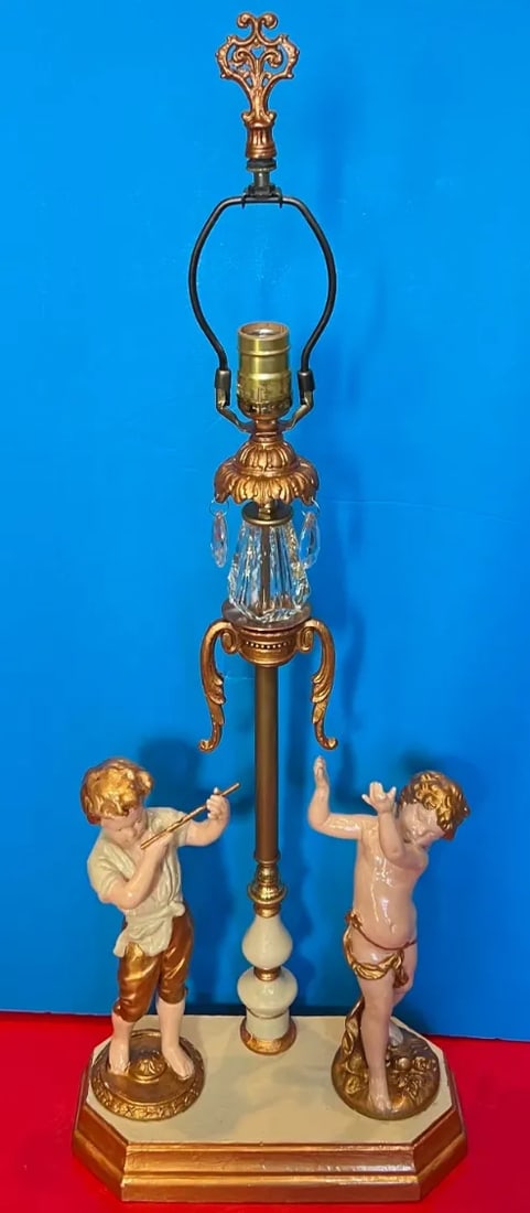 Antique Spelter Table Lamp Boy Playing Flute and Cherub - 2