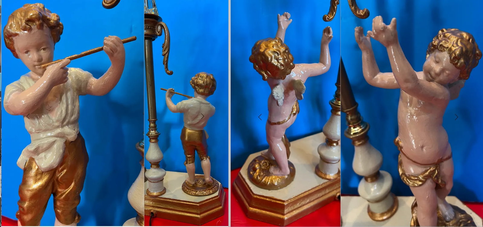 Antique Spelter Table Lamp Boy Playing Flute and Cherub - 3