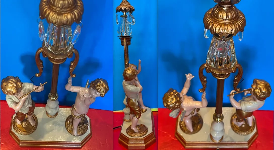 Antique Spelter Table Lamp Boy Playing Flute and Cherub - 4