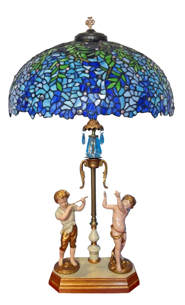 Antique Spelter Table Lamp Boy Playing Flute and Cherub - 5