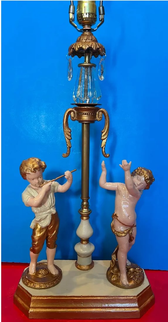 Antique Spelter Table Lamp Boy Playing Flute and Cherub - 6