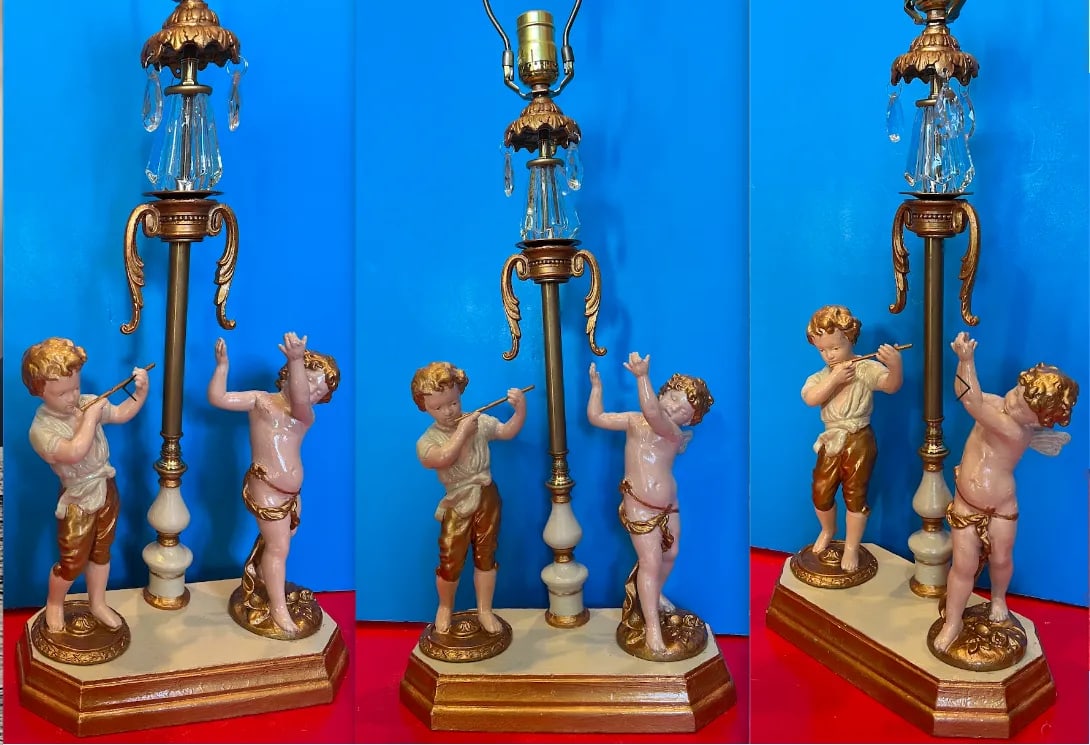 Antique Spelter Table Lamp Boy Playing Flute and Cherub - 8