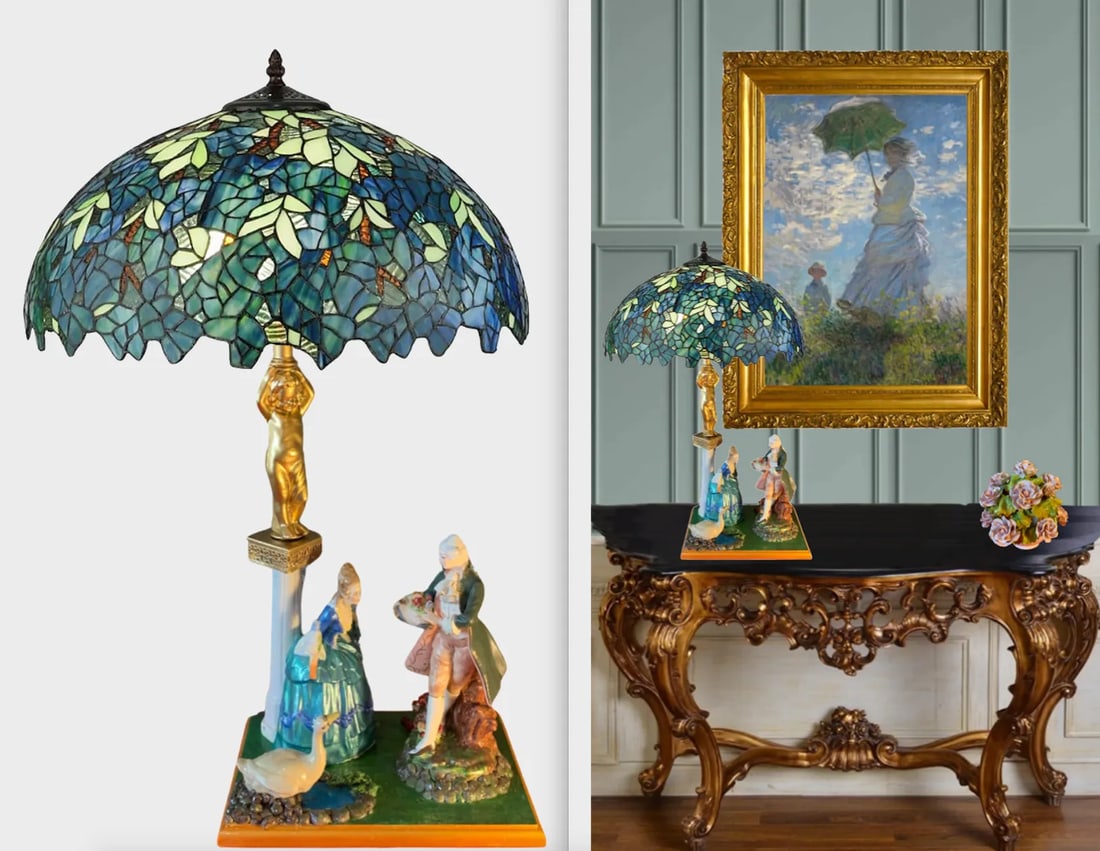 Vintage Figural Porcelain Table Lamp: Courting Couple in a Garden - 4