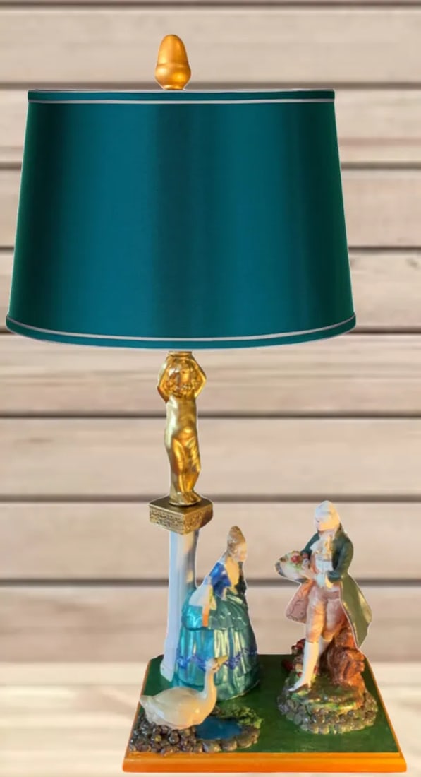 Vintage Figural Porcelain Table Lamp: Courting Couple in a Garden - 6