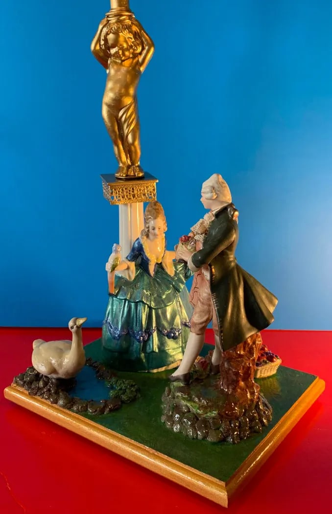 Vintage Figural Porcelain Table Lamp: Courting Couple in a Garden - 8