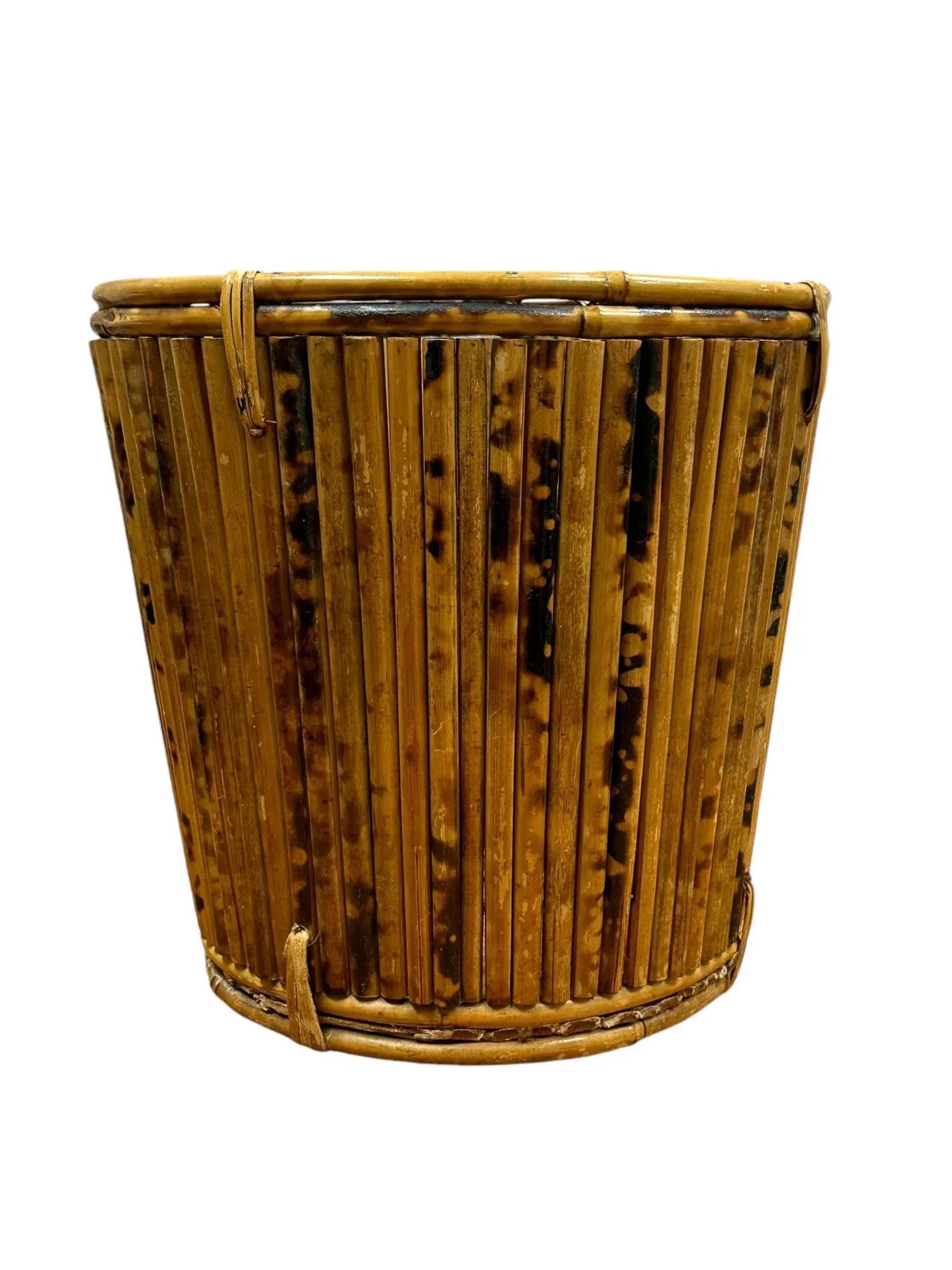 Mid 20th Century Vintage Tortoise Pencil Bamboo With Rattan Basket Planter - 10