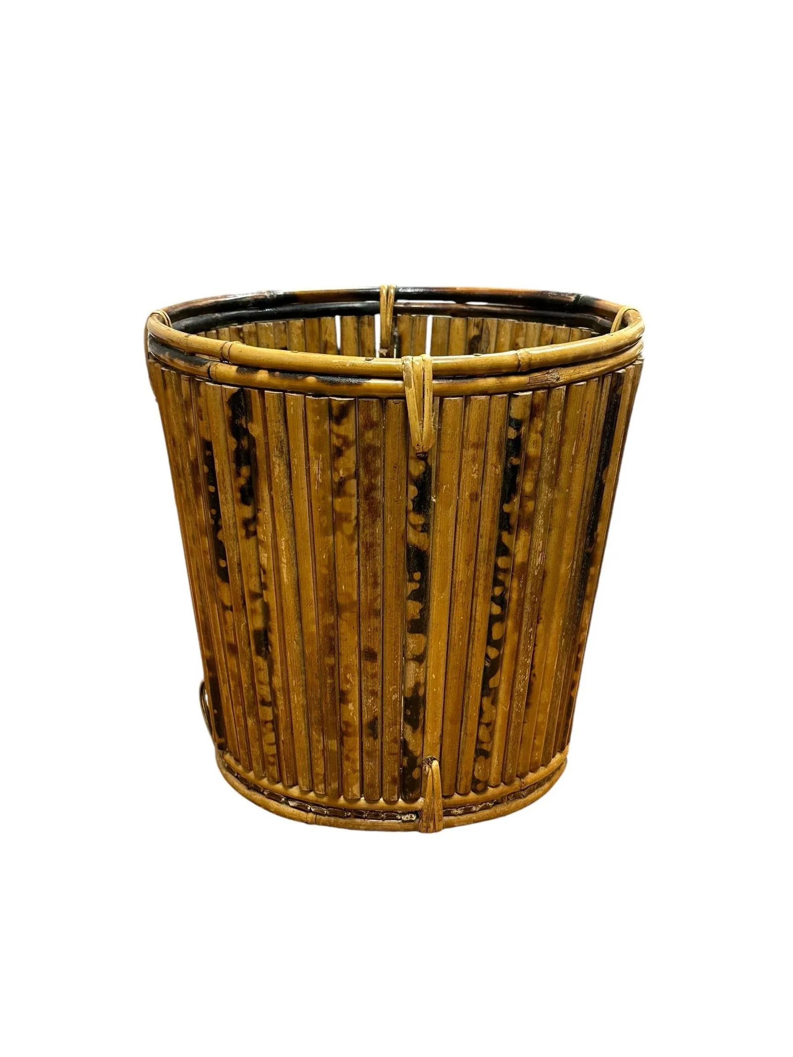 Mid 20th Century Vintage Tortoise Pencil Bamboo With Rattan Basket Planter - 12