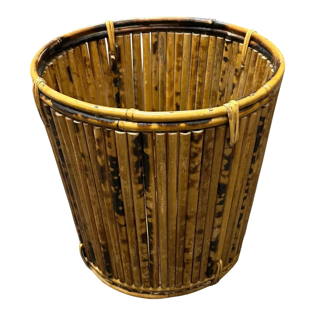 Mid 20th Century Vintage Tortoise Pencil Bamboo With Rattan Basket Planter (1 of 12)