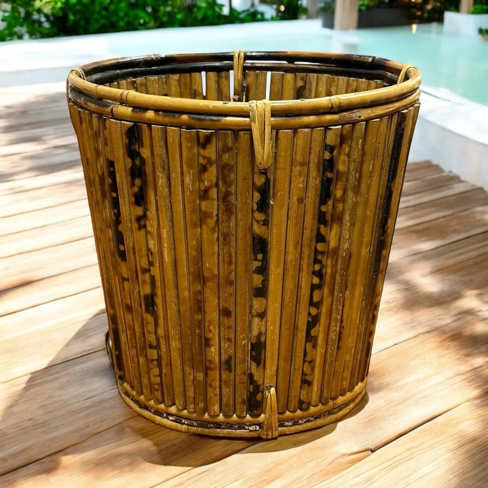 Mid 20th Century Vintage Tortoise Pencil Bamboo With Rattan Basket Planter - 2