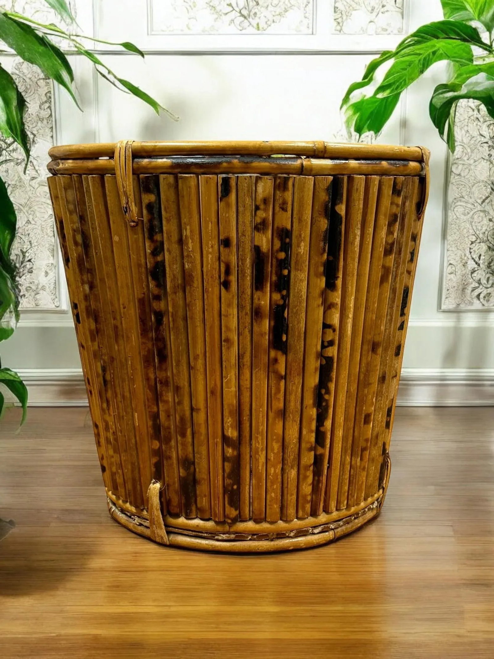 Mid 20th Century Vintage Tortoise Pencil Bamboo With Rattan Basket Planter - 4