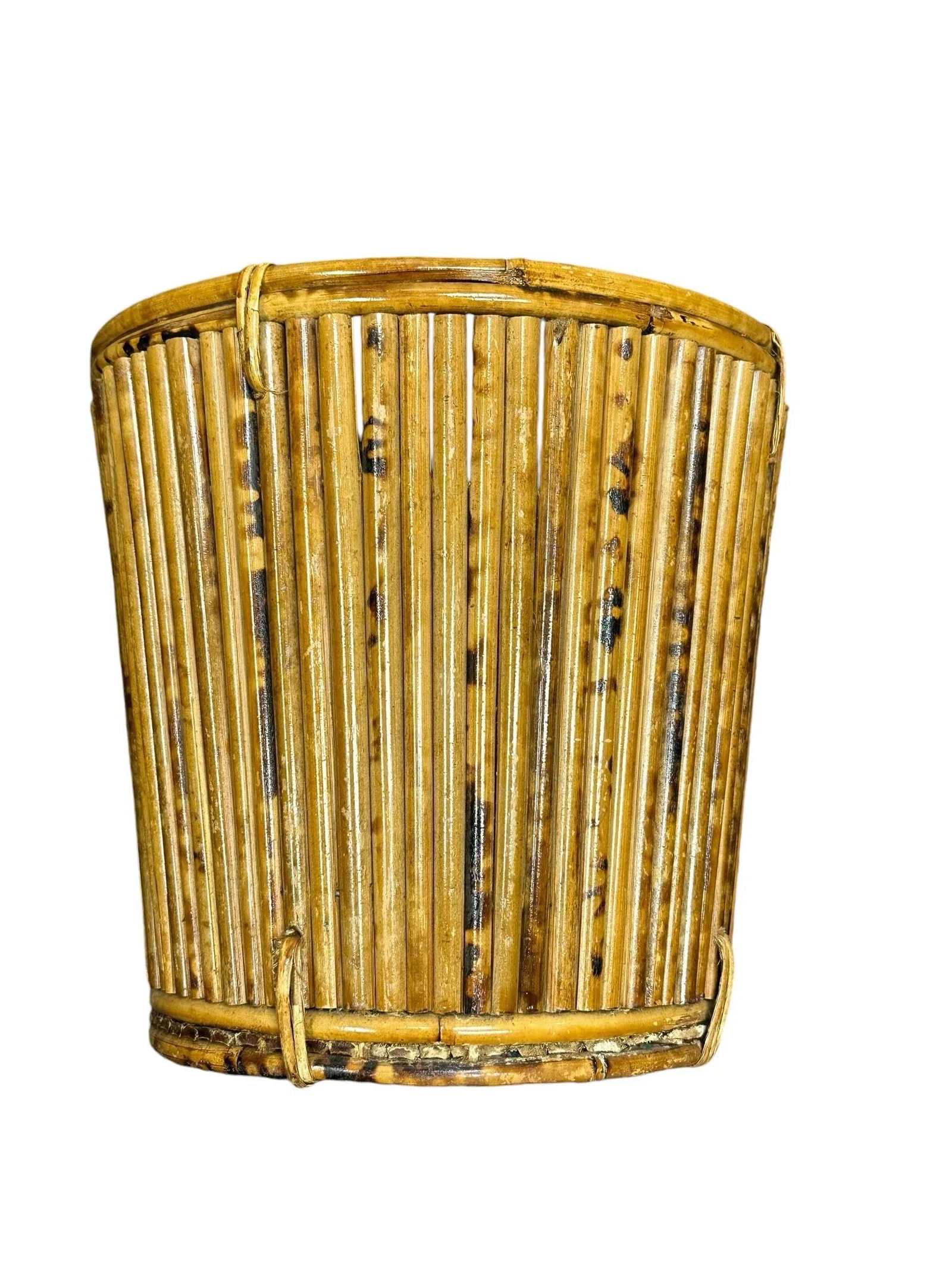 Mid 20th Century Vintage Tortoise Pencil Bamboo With Rattan Basket Planter - 7