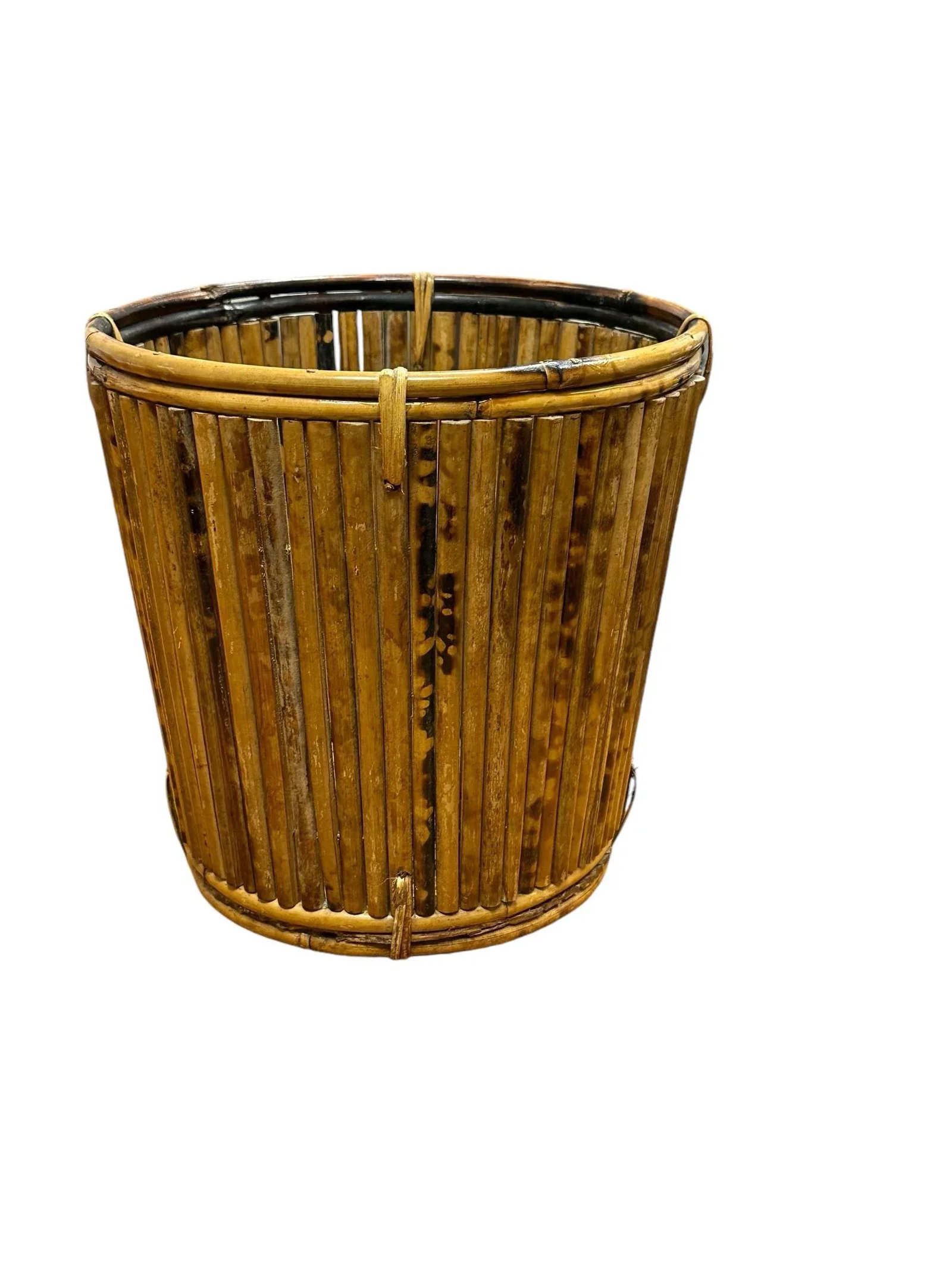 Mid 20th Century Vintage Tortoise Pencil Bamboo With Rattan Basket Planter - 9