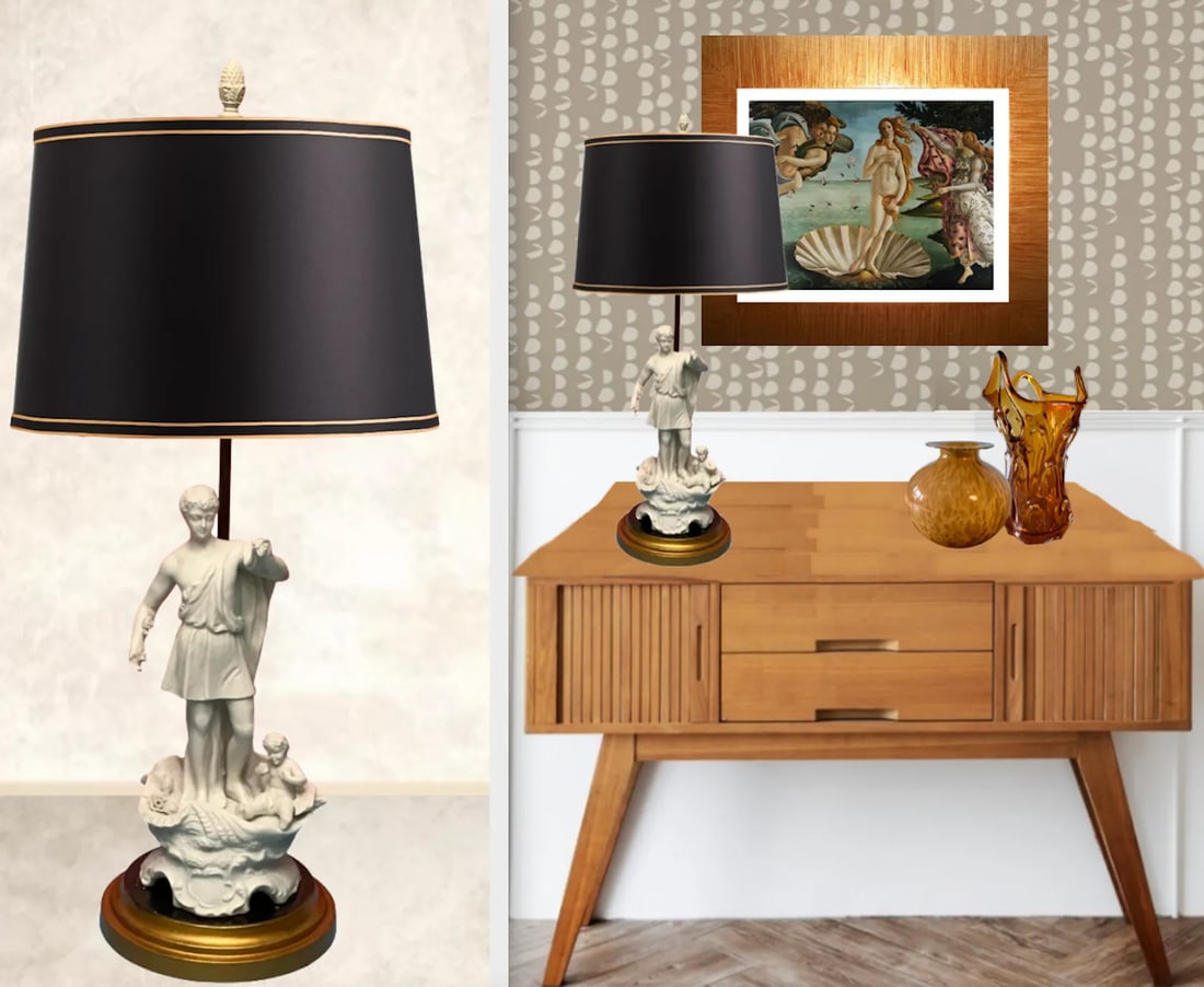 Vintage Table Lamp: Porcelain Bisque Young Man Cherub Seashell - 10