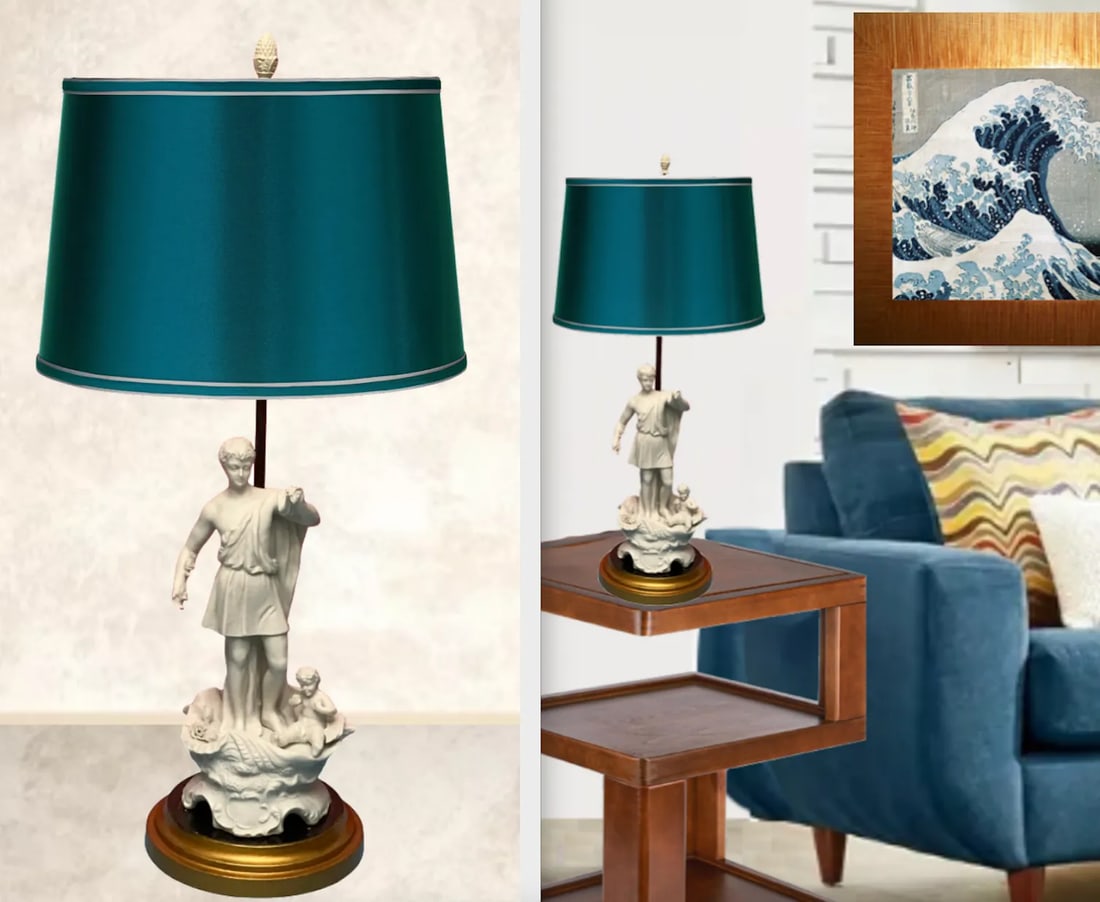 Vintage Table Lamp: Porcelain Bisque Young Man Cherub Seashell - 11