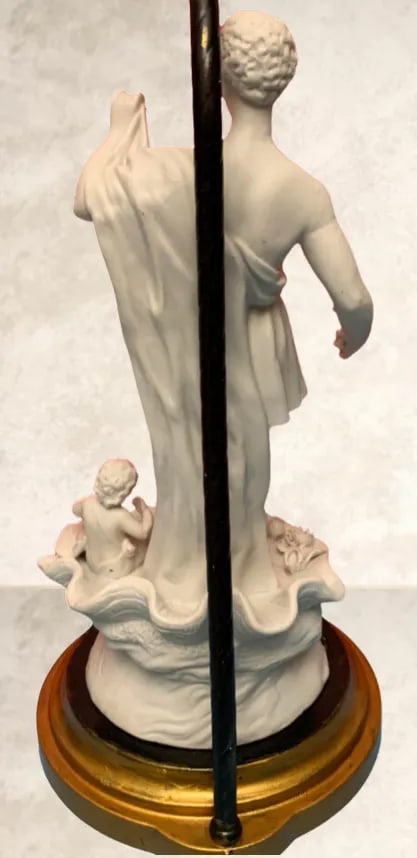Vintage Table Lamp: Porcelain Bisque Young Man Cherub Seashell - 12