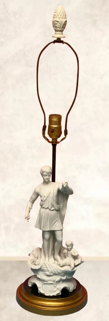 Vintage Table Lamp: Porcelain Bisque Young Man Cherub Seashell - 2