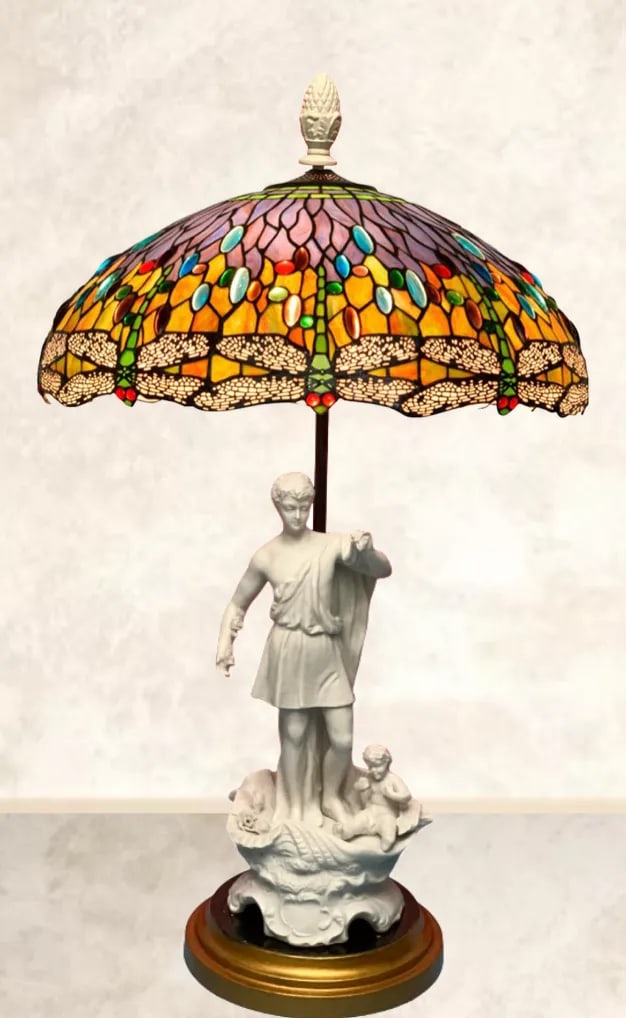 Vintage Table Lamp: Porcelain Bisque Young Man Cherub Seashell - 6