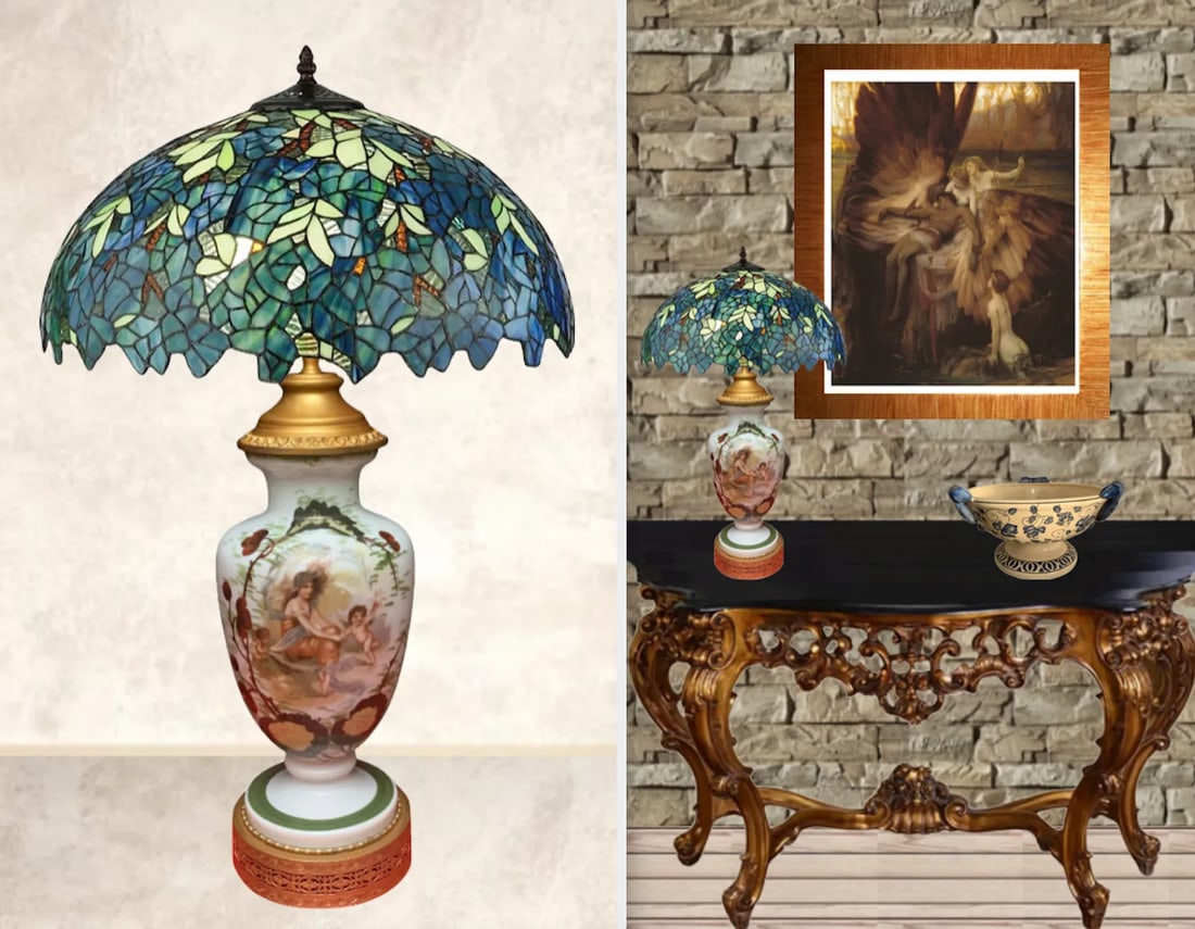 Antique Charles A. Starr Milk Glass Table Lamp: Maiden With Cherubs - 10
