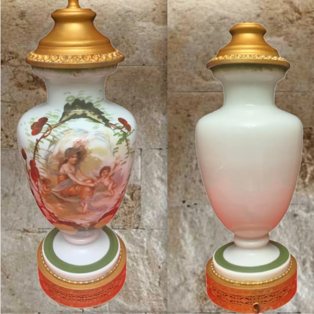 Antique Charles A. Starr Milk Glass Table Lamp: Maiden With Cherubs - 12