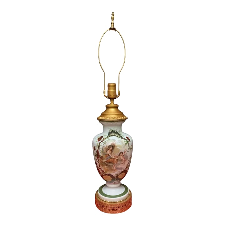 Antique Charles A. Starr Milk Glass Table Lamp: Maiden With Cherubs (1 of 12)