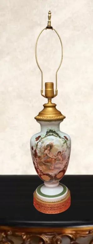 Antique Charles A. Starr Milk Glass Table Lamp: Maiden With Cherubs - 2