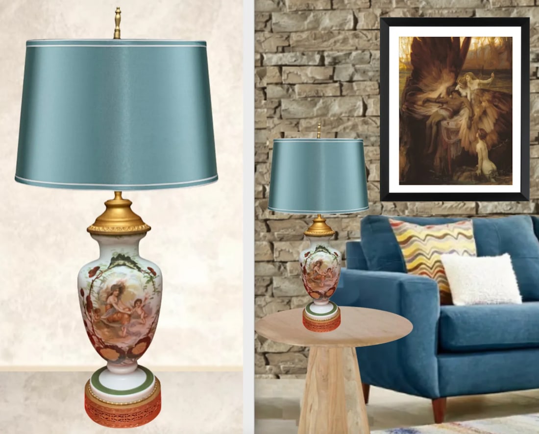 Antique Charles A. Starr Milk Glass Table Lamp: Maiden With Cherubs - 6