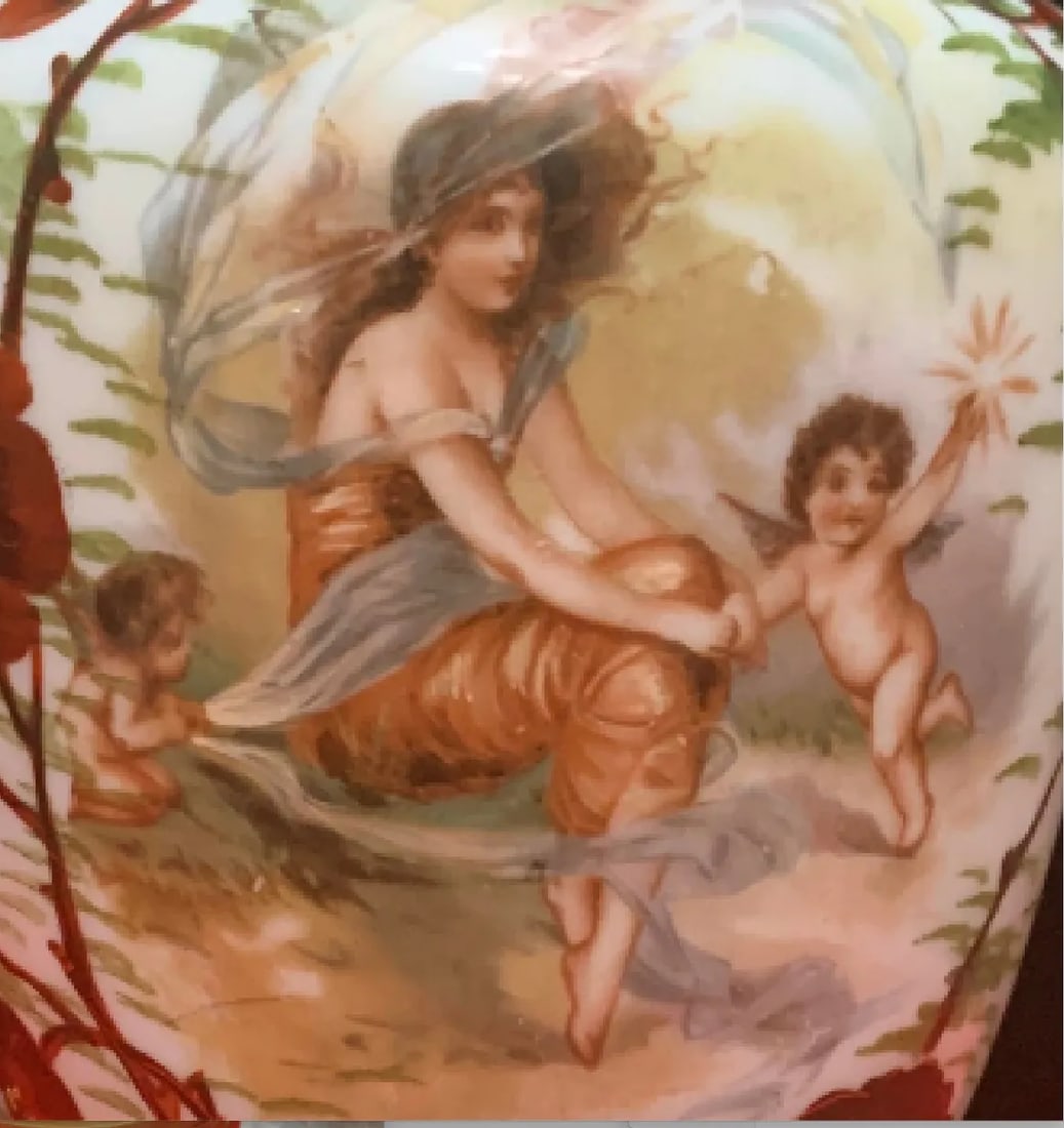 Antique Charles A. Starr Milk Glass Table Lamp: Maiden With Cherubs - 7