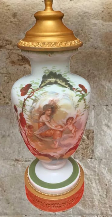 Antique Charles A. Starr Milk Glass Table Lamp: Maiden With Cherubs - 9