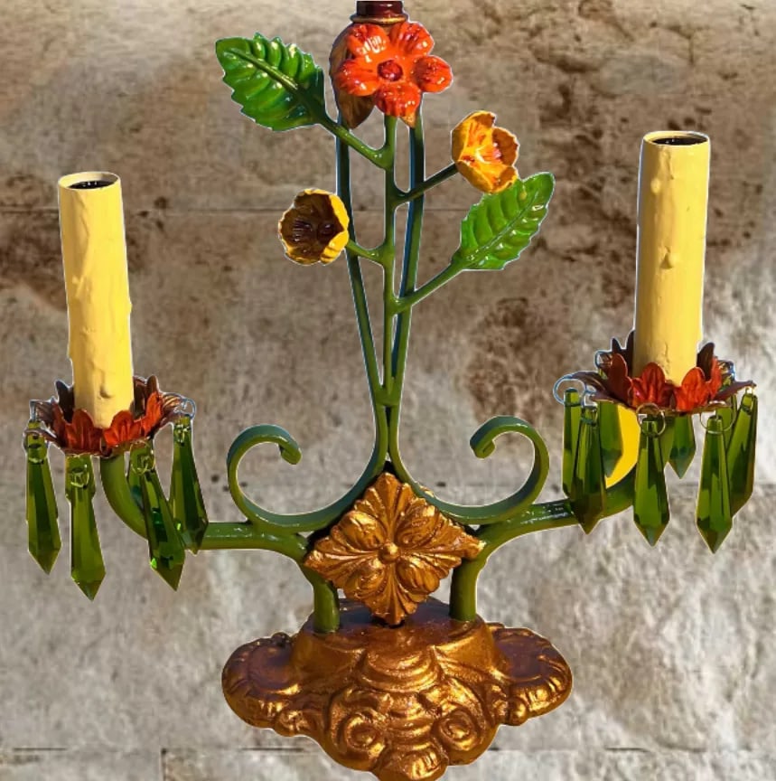 Antique Candelabra Table Lamp: Ivorine Girl,tole Flowers - 10