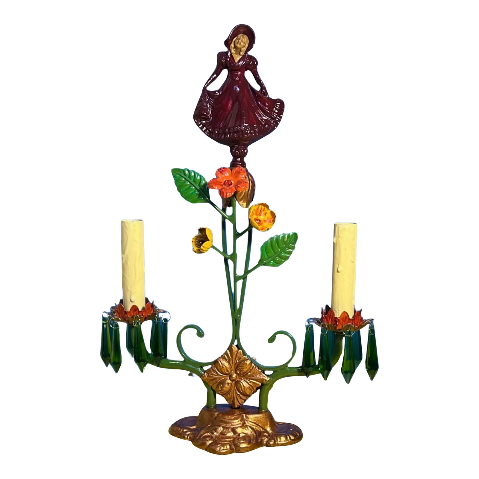 Antique Candelabra Table Lamp: Ivorine Girl,tole Flowers: This exquisite antique French-style candelabra lamp epitomizes vintage elegance. Its base, fashioned from brass-colored wrought iron, is adorned with intricate scrollwork and diamond-shaped motifs, on