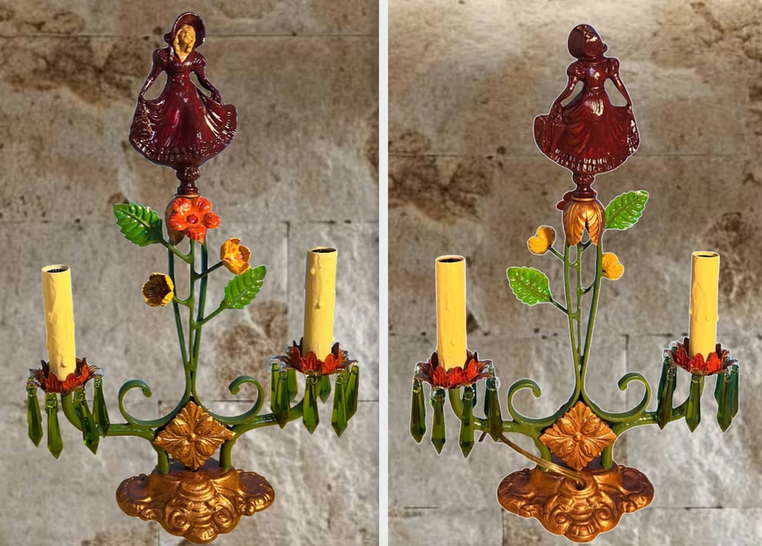 Antique Candelabra Table Lamp: Ivorine Girl,tole Flowers - 5