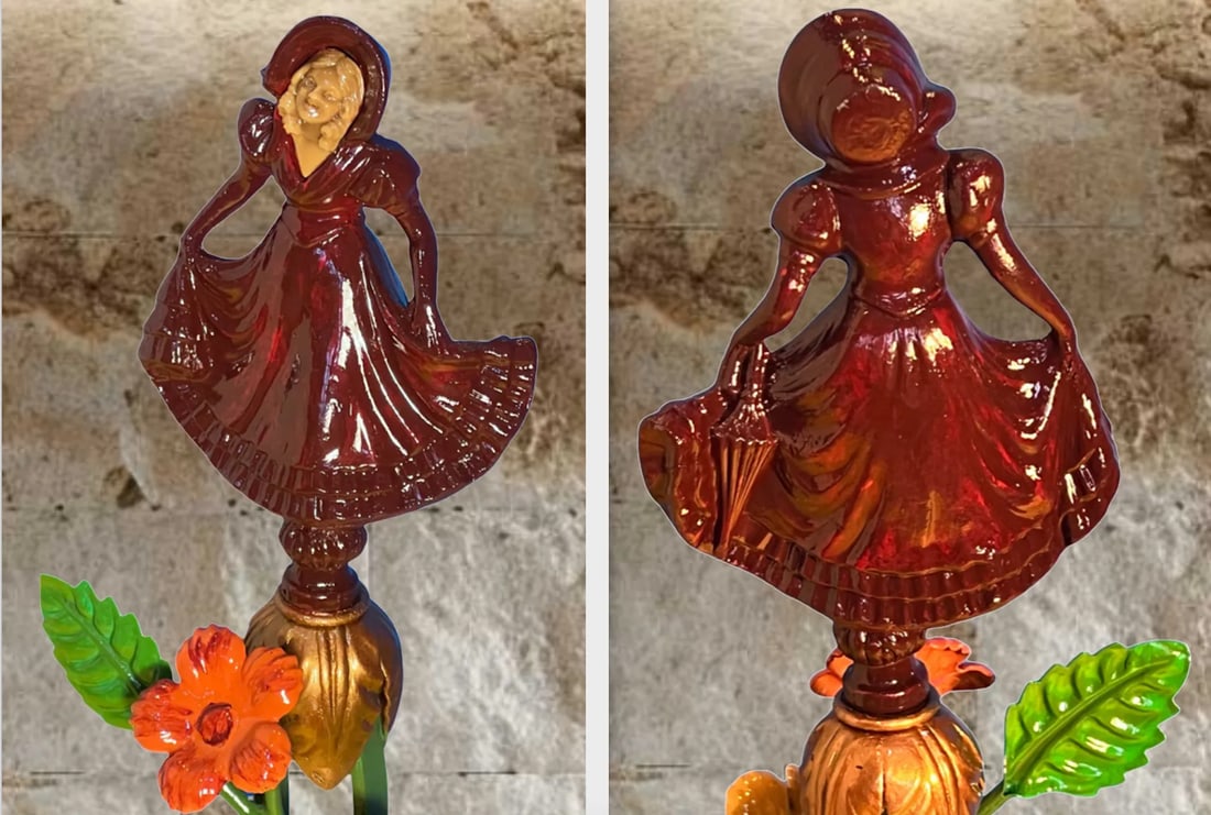 Antique Candelabra Table Lamp: Ivorine Girl,tole Flowers - 7