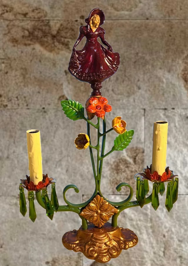 Antique Candelabra Table Lamp: Ivorine Girl,tole Flowers - 9