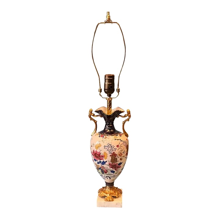 Antique Thomas Forester Floral Porcelain Table Lamp: This antique porcelain body of the table lamp, made by Thomas Forester & Sons LTD Phoenix Ware in the early 1900s, features a classic urn shape, which gracefully tapers towards the base. It has a