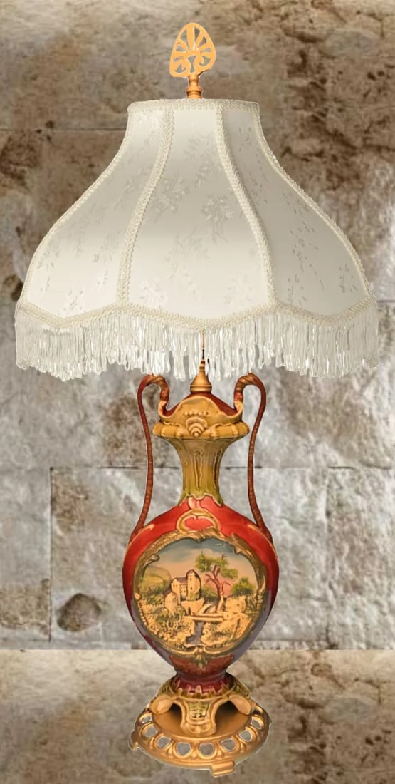 Antique Majolica Table Lamp: Castle Scene - 10