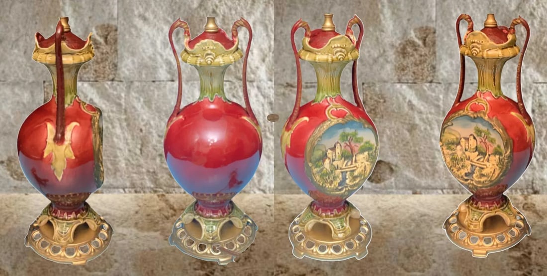 Antique Majolica Table Lamp: Castle Scene - 12