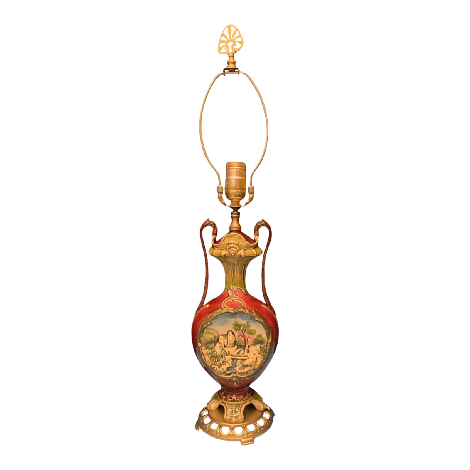 Antique Majolica Table Lamp: Castle Scene: This exquisite antique Bohemian majolica vase lamp captivates the eye with its enchanting design and rich details. The bulbous body, drenched in a deep, luscious red, serves as a dramatic canvas for t