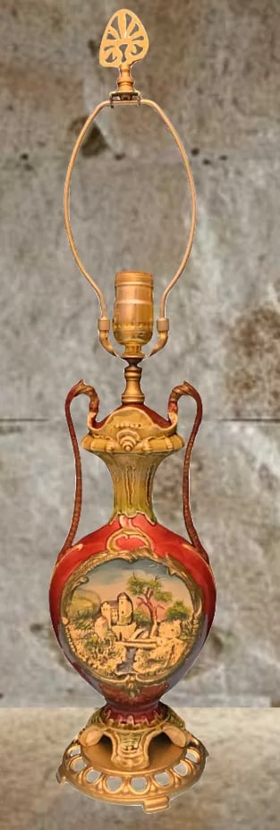 Antique Majolica Table Lamp: Castle Scene - 2