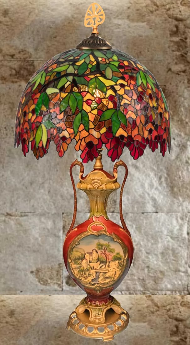 Antique Majolica Table Lamp: Castle Scene - 4