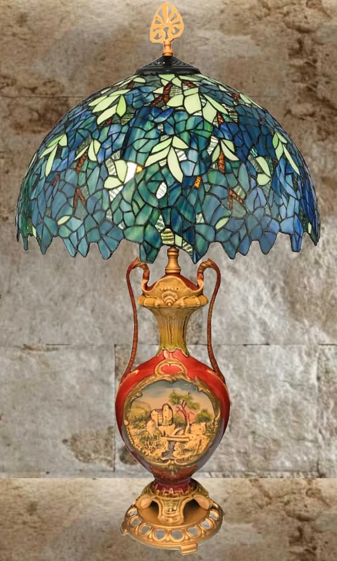 Antique Majolica Table Lamp: Castle Scene - 6