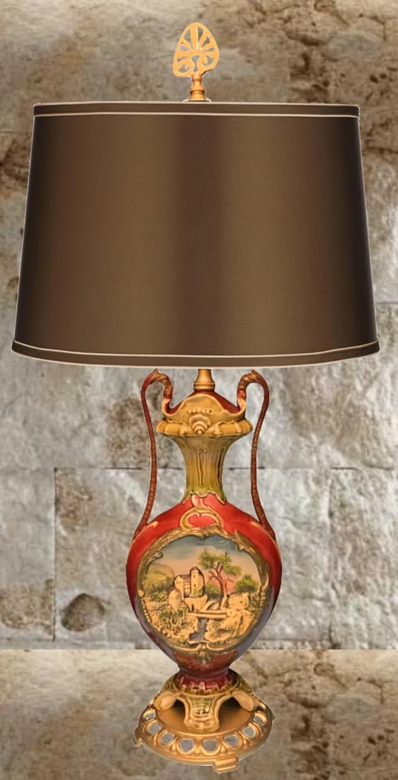 Antique Majolica Table Lamp: Castle Scene - 7