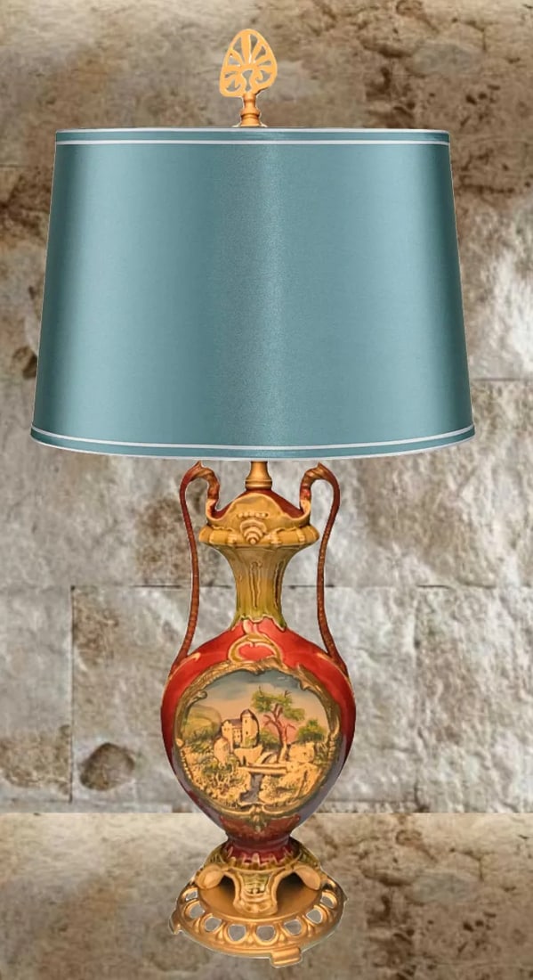 Antique Majolica Table Lamp: Castle Scene - 9