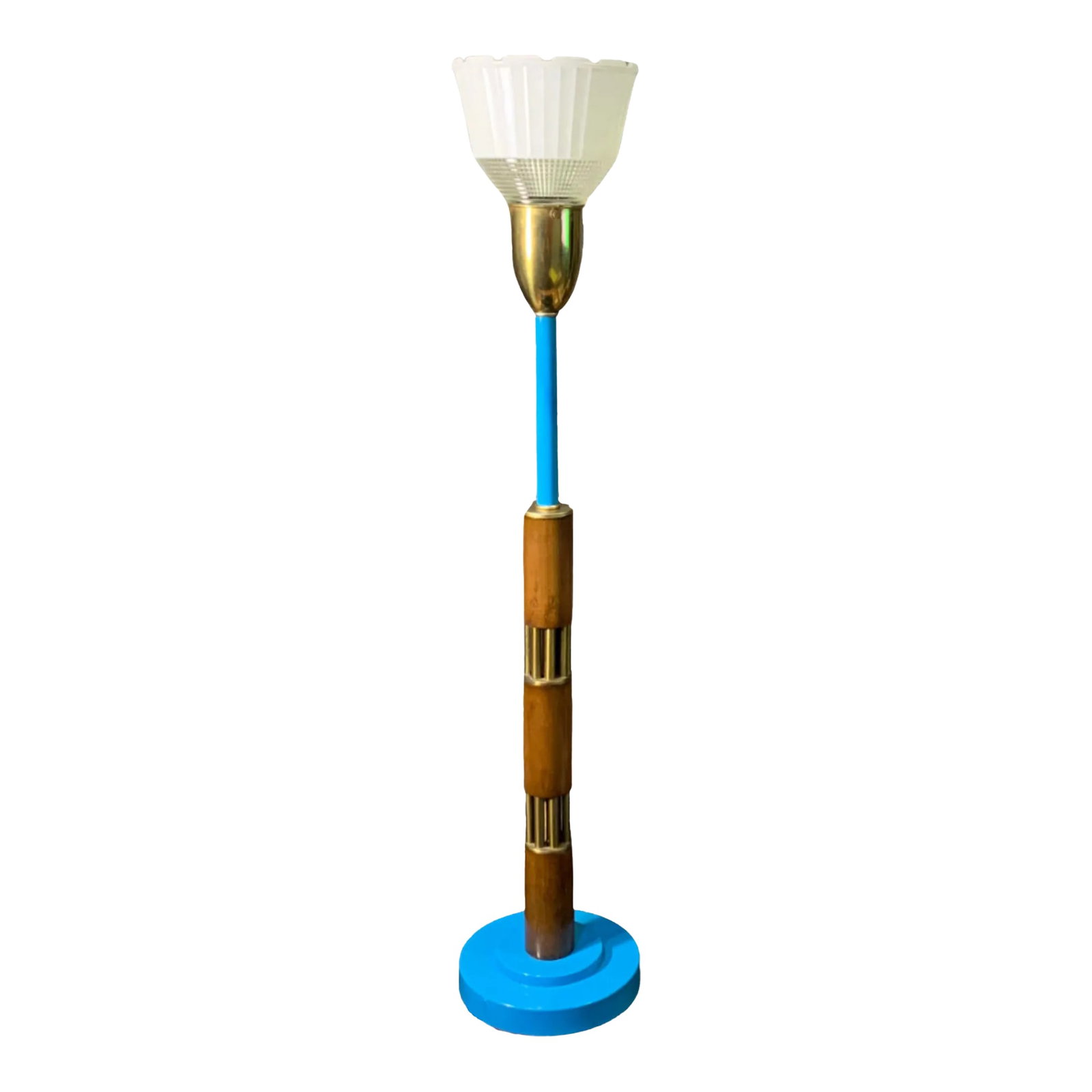 Mid-Century Modern Wood and Brass Torchiere Table Lamp: This exquisite mid-century torchiere table lamp is a stunning fusion of materials that captures the essence of timeless elegance. Its cylindrical colum-like body is a harmonious blend of rich, solid t