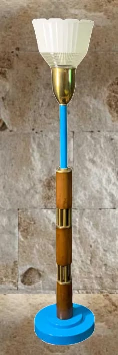Mid-Century Modern Wood and Brass Torchiere Table Lamp - 2
