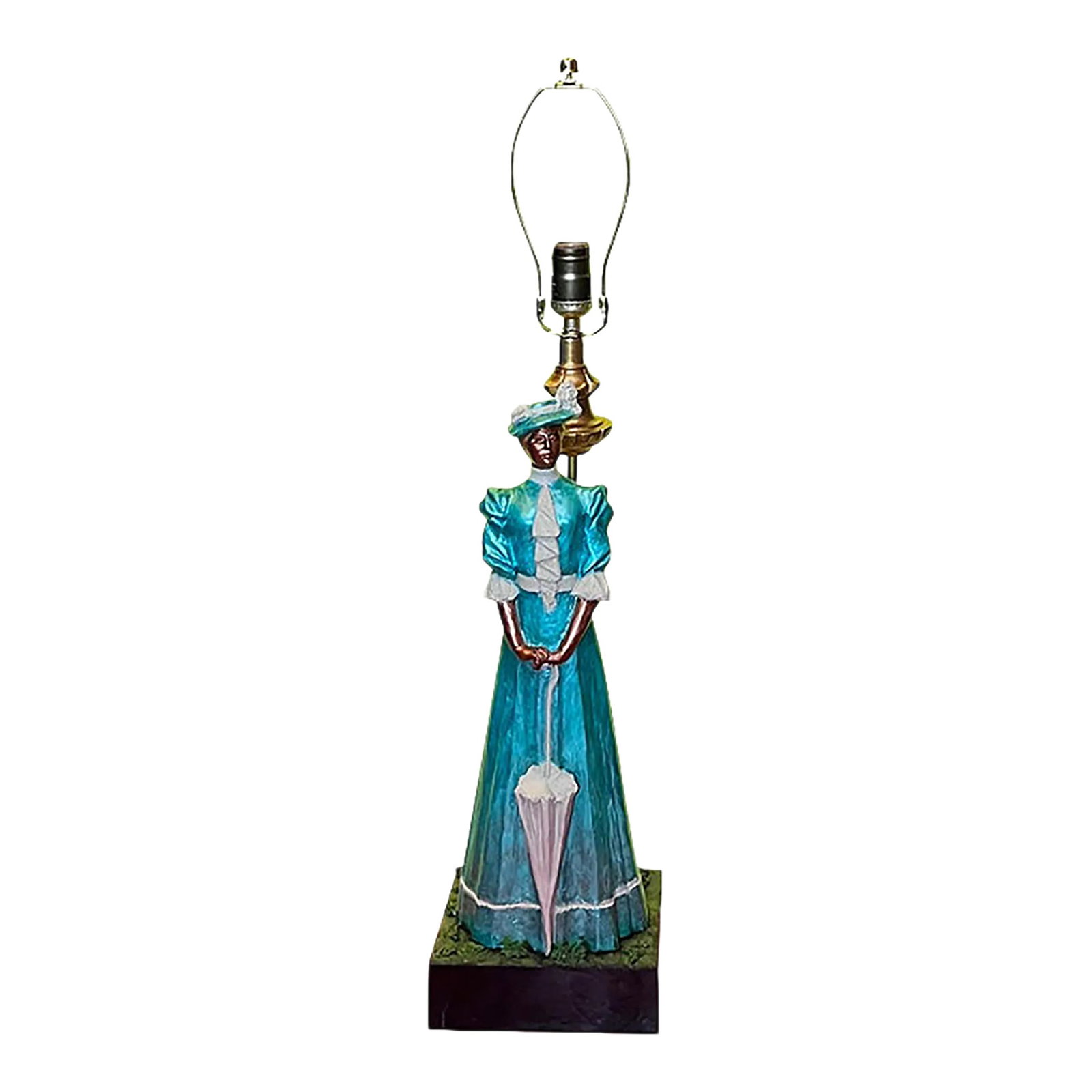 Vintage Claude Le Clerc Sculpture Table Lamp: Stately Lady With a Parasol: This exquisite lamp features a captivating sculpture created by the sculptor, Claude Le Clerc, for the Austin Production Company in 1981. At its heart, it depicts a refined lady in Victorian period