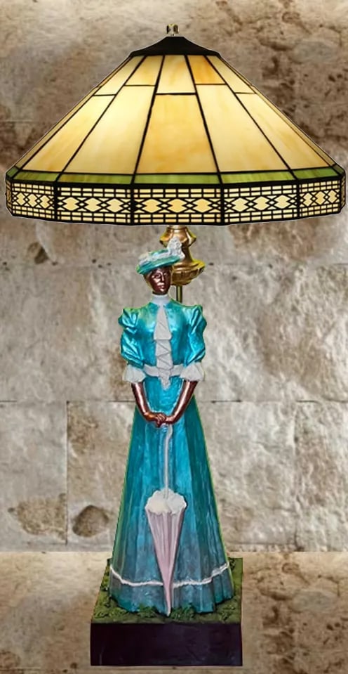 Vintage Claude Le Clerc Sculpture Table Lamp: Stately Lady With a Parasol - 4
